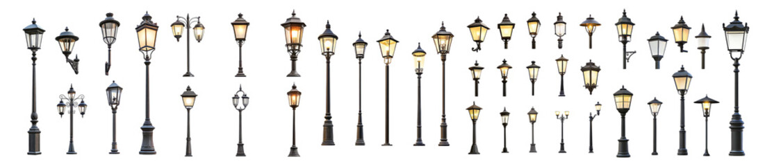 Various Vintage Street Lamps in a Row for Urban Scene Decoration, Isolated on Transparent, white background