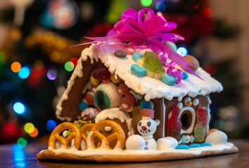 Making a gingerbread house for the New Year with icing, sweets and lollipops.Festive gingerbread with your own hands.