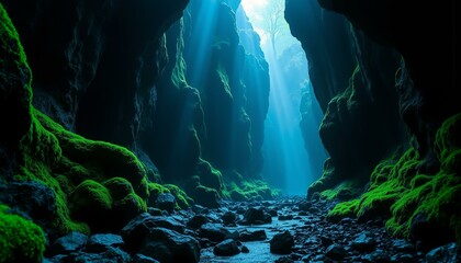 Fractured basalt columns glow with cerulean gel, moss-covered rocks in a subterranean cavern.