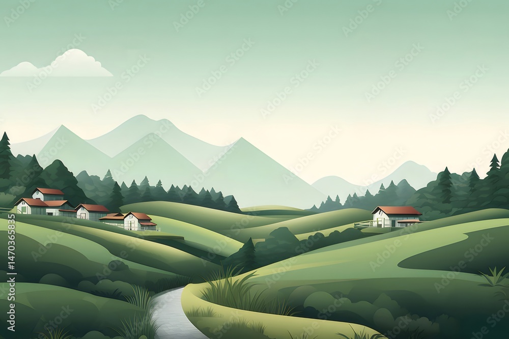 Aufkleber 穏やかな丘陵地帯に点在する家々 緑豊かな森林と山々に囲まれた穏やかな風景 穏やかな空の下でのどかな田園地帯