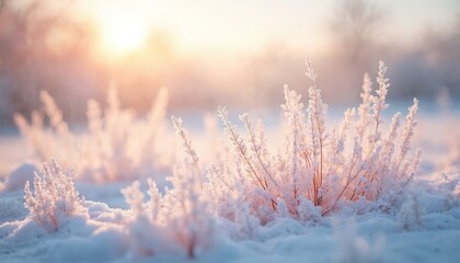 Obraz premium Gentle winter landscape with snowy details. Frozen grass covered in snow crystals glitters in sunlight. Frosty morning natural background. Minimalist art, natural vibes, winter scene, copy space.