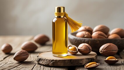 Argan Oil in Elegant Bottle with Argan Nuts on Wooden Surface