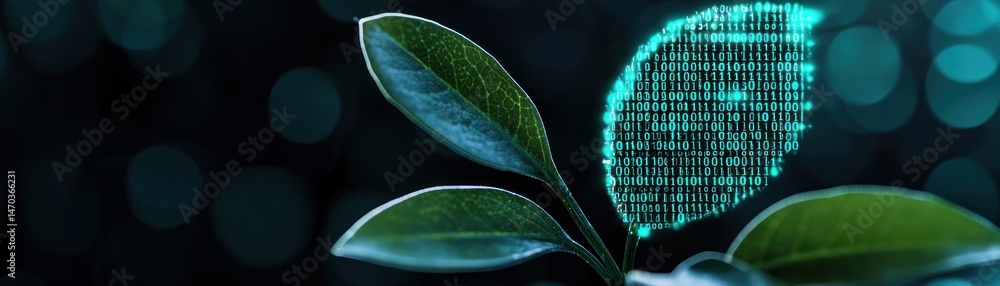 Poster Green leaves and digital binary code forming a leaf shape