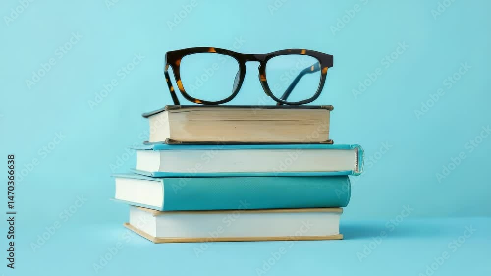 Poster A neat stack of four books in varying colors, topped with a pair of eyeglasses. The cool blue background enhances the image's clean and simple aesthetic, suggesting concepts of learning.