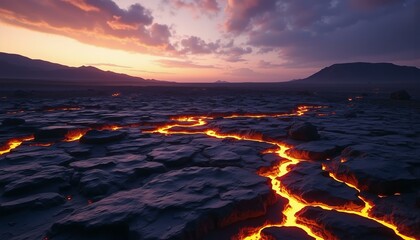 Obsidian bedrock with glowing golden cracks on a desolate moonscape bathed in violet twilight.