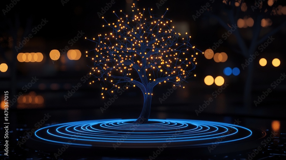 Poster illuminated digital tree with glowing lights in a dark environment