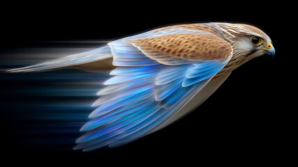 Obraz premium Prismatic Speed Mirage Falcon in Mid-Flight Nature Digital Art Black Background Dynamic Viewpoint
