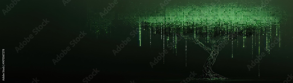 Poster a digital tree illustration showing data as cascading green symbols