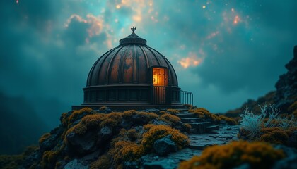 Obraz premium Abandoned observatory dome covered in glowing moss, copper circuitry, crystals, and a faint cerulean glow.