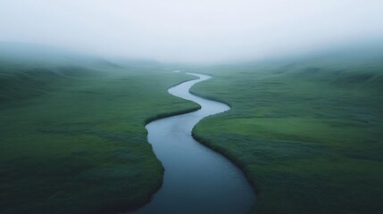 Fototapeta premium Serene river winding through lush green wetlands under a misty atmosphere
