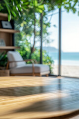 Fototapeta premium Stylish Summer Workspace of Modern Asian Office Lady with Bamboo Table and Ocean View, Featuring Soft Pastel Chair and Floating Shelves in Serene Coastal Setting