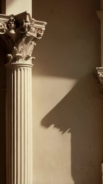 Elegant fluted pilaster with ornate acanthus leaf capital bathed in sunlight against a textured wall surface, architectural element
