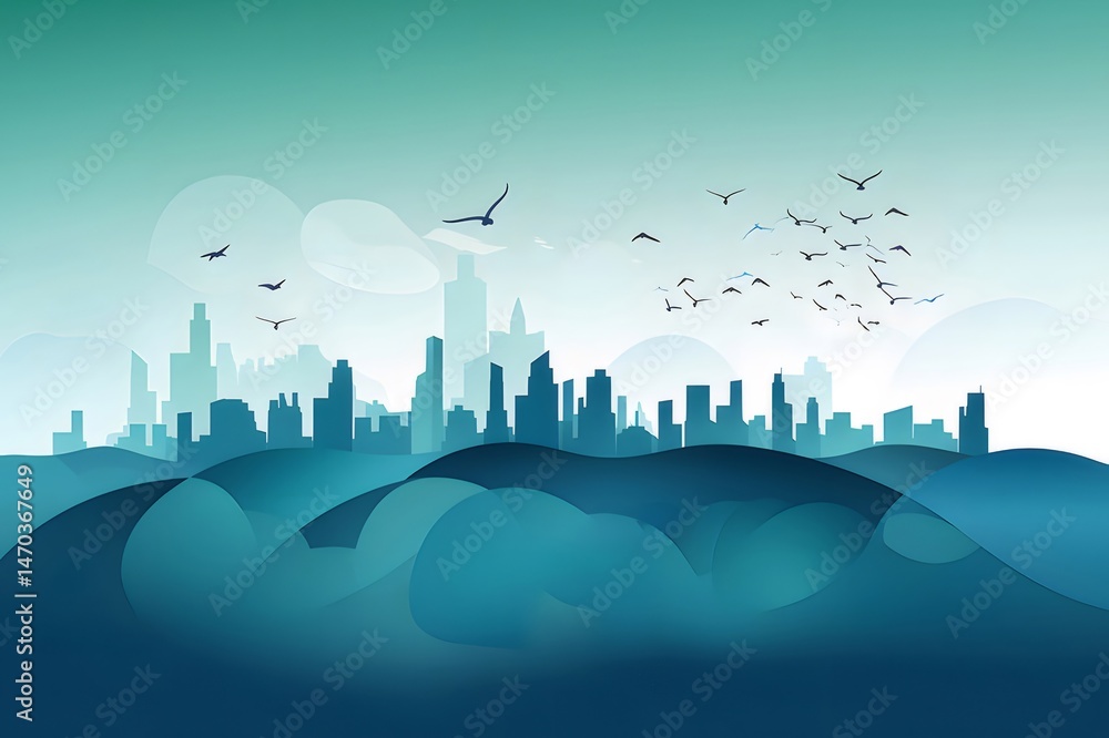 Aufkleber 青と緑の抽象的な都市景観と鳥のシルエットのイラストレーション壁紙