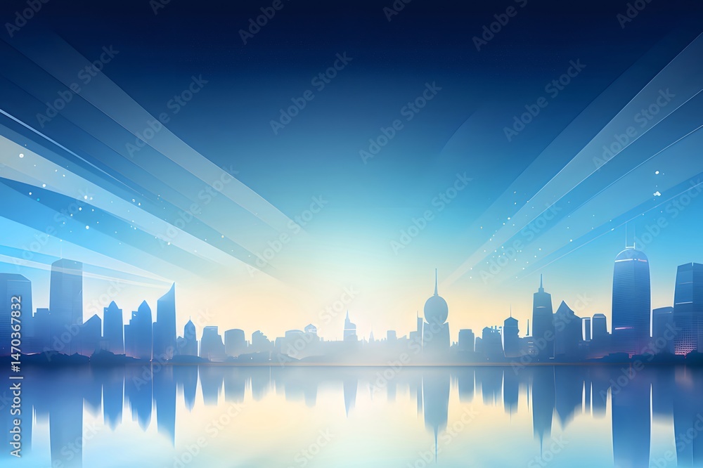 Poster 青い夜空の下の都市スカイラインの反射 都市建築のシルエットが水面に映るパノラマの夜景