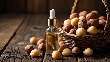 Exquisite Macadamia Oil: Packaged Simply with Fresh Macadamia Nuts on a Wooden Table