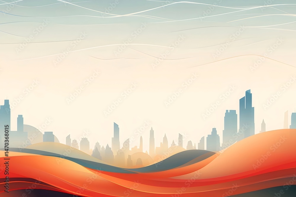 Aufkleber 赤と青の波状の地形で構成された抽象的な都市景観のイラストレーション 穏やかな照明で描かれた近代的な建物とスカイライン