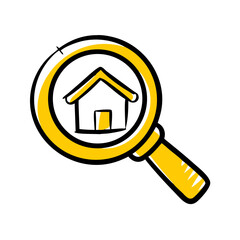 Hand-drawn magnifying glass with a house, symbolizing searching for homes, property hunting, and real estate exploration.