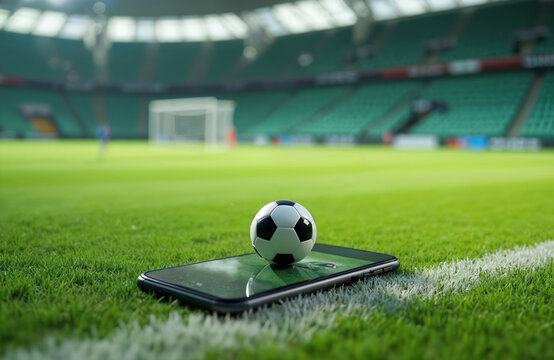 Smartphone with soccer ball on green grass field inside stadium. Modern tech concept of watching football match streamed online. Online sport broadcast. Mobile technology in sports events. Live