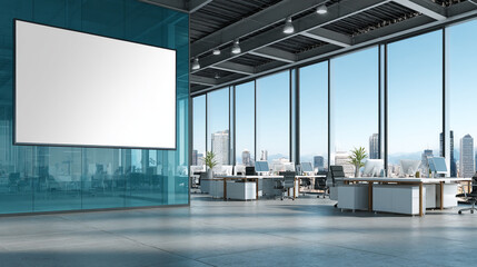 Blank billboard in modern office with cityscape view, showcasing advertising space, ideal for business presentations or marketing campaigns