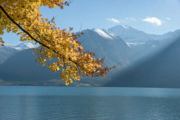 Golden Autumn Leaves by Blue Lake and Mountain View – Peaceful Fall Landscape