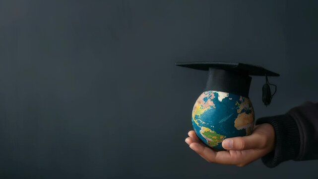 A hand gently supports miniature world globe adorned with graduation cap, set against dark background. This image symbolizes education, global awareness, , pursuit of knowledge across borders.