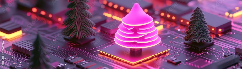 Poster A computer circuit board adorned with illuminated christmas trees