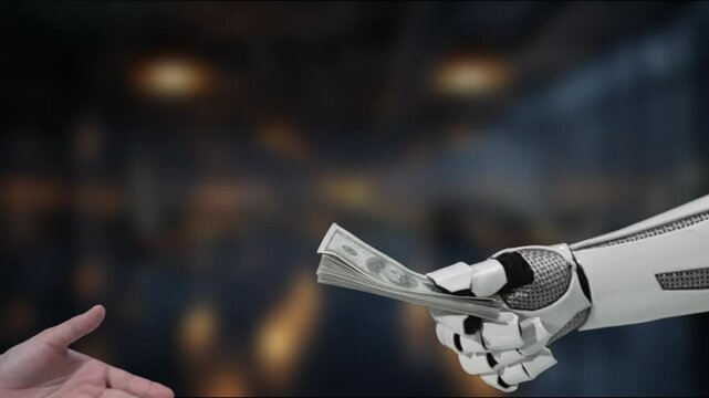 Futuristic robot hand is depicted offering cash to a human hand, symbolizing the integration of technology and finance. This image represents advancement in financial transactions and cooperation. MZL