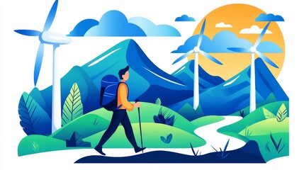 A serene illustration of a hiker exploring a vibrant landscape with wind turbines under a sunny sky.