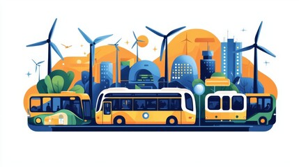 A vibrant illustration of various eco-friendly transport options in a modern city with wind turbines.