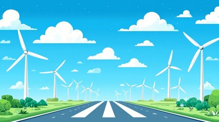 A vibrant landscape featuring wind turbines, green fields, and blue skies, symbolizing renewable energy and sustainability.