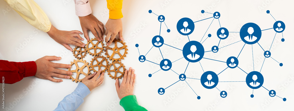 Poster a visually engaging image of diverse hands assembling gears, symbolizing collaboration and networkin