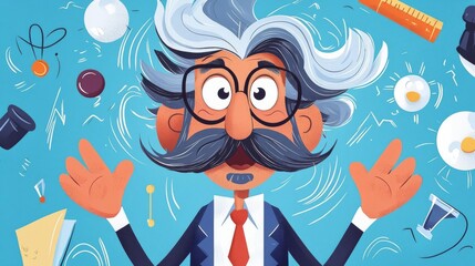 A whimsical cartoon scientist with wild hair and glasses, showcasing enthusiasm for discovery and knowledge.