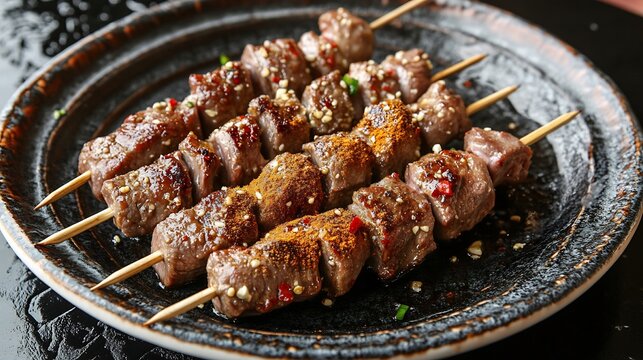 Grilled Chinese lamb skewers seasoned cumin chili powder served rustic plate over black textured table favorite street food Xinjiang province western China cut out on isolated transparent background