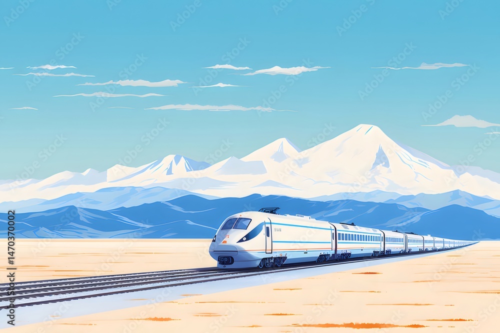 Poster 雪山を背景に砂漠を走る白い高速鉄道 青空の下を走る現代的な列車 旅行と輸送の風景
