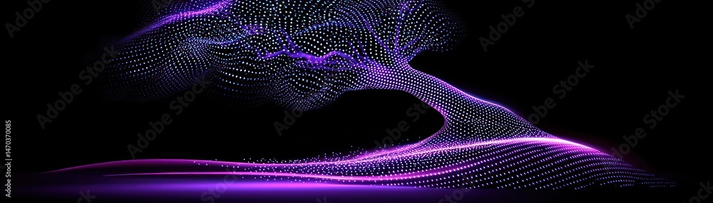 Poster purple glowing abstract digital design resembling fluid particle shapes