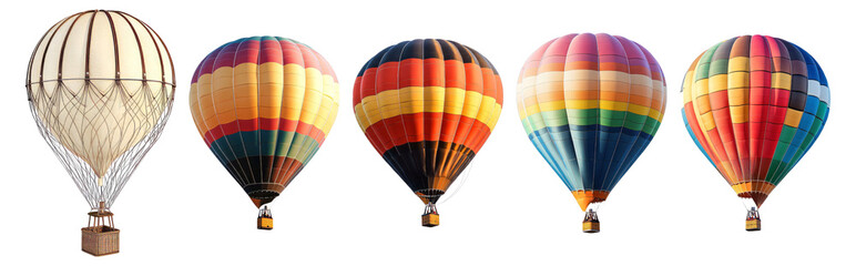 Naklejka premium Colorful Hot Air Balloons in a Row Against a Clear Sky, Isolated on Transparent, white background