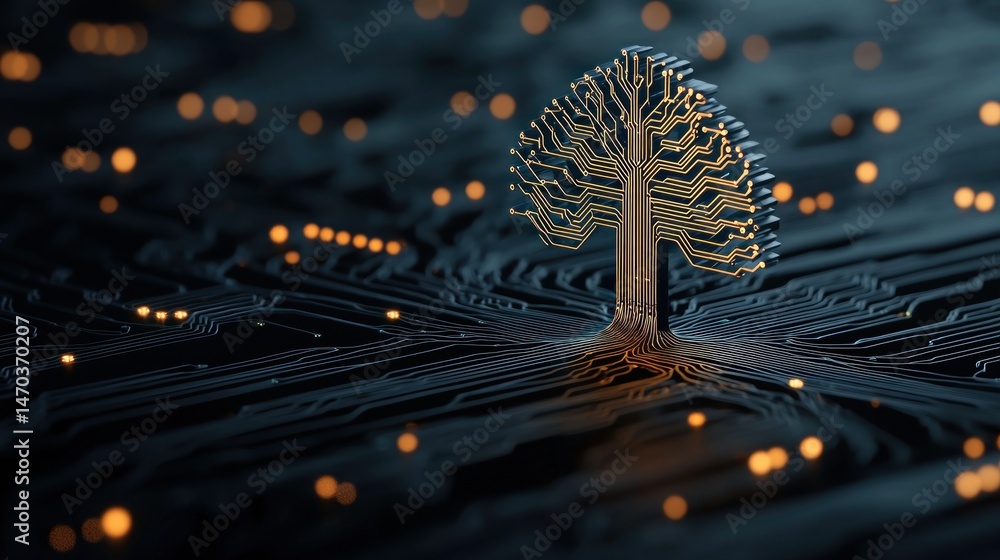 Poster an artistic representation of technology shown as circuit tree