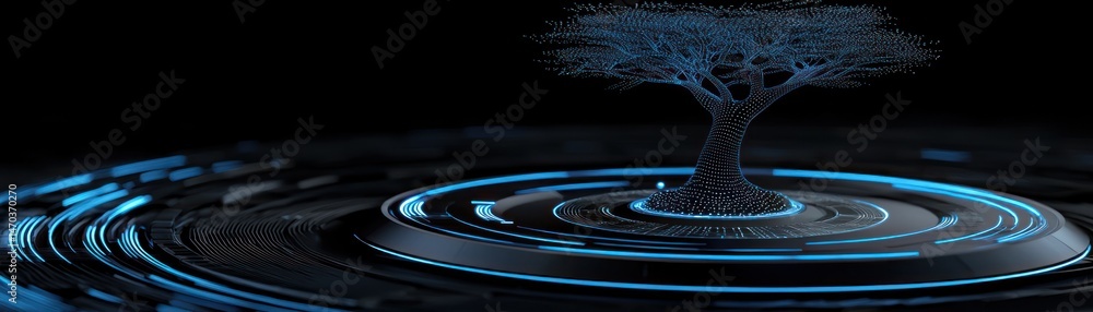 Poster A digitally constructed tree sits on a technological circular platform