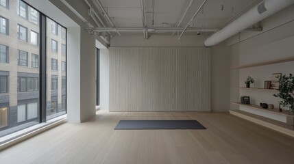 Fototapeta premium Empty yoga with large windows and minimalist decor.