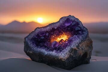 A breathtaking amethyst geode glows at sunset, its vibrant purple crystals illuminated by the warm light.