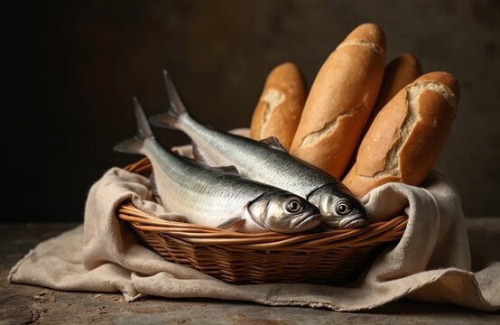 Two fish and five loaves bread in basket. Christian faith concept. Miracle of feeding thousands. Biblical story. Jesus Christ symbol. Religion, christianity.