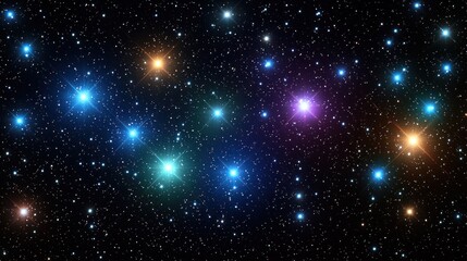 Fototapeta premium A vibrant cosmic scene showcasing numerous stars of varying colors and intensities against a dark backdrop. The stars exhibit a range of brightness and hues