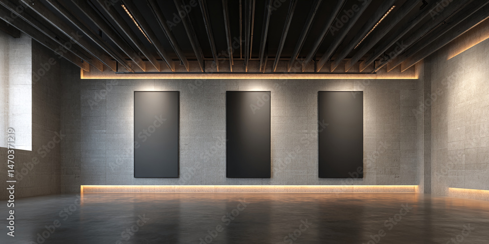 Poster modern gallery interior with three blank vertical frames on a concrete wall, illuminated by warm lig