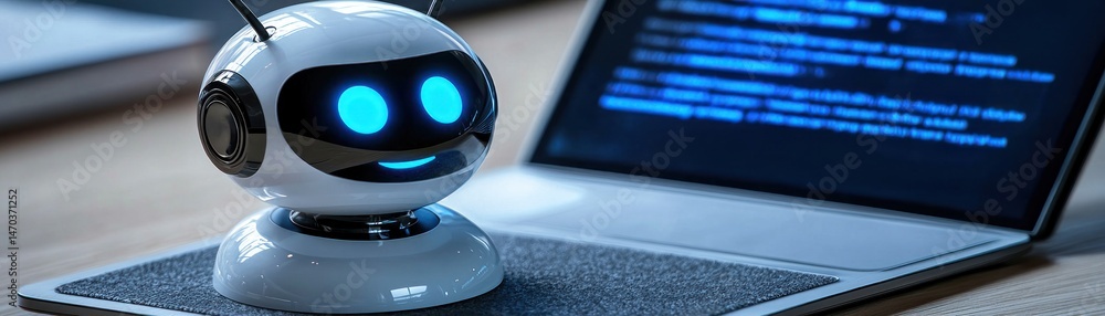 Poster a friendly robot looking at a laptop with a bright screen