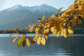 Golden Autumn Leaves by Blue Lake and Mountain View – Peaceful Fall Landscape