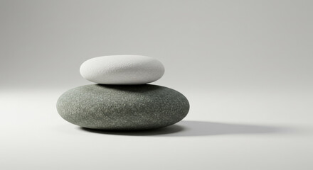 Balanced stack of smooth zen stones on minimalist background