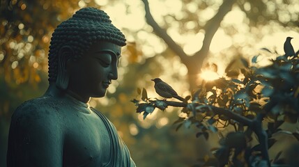 Peaceful bronze statue of a buddha in a serene garden setting.