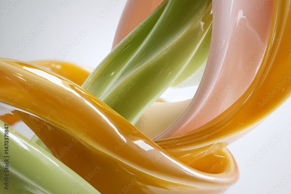 Poster abstract image of swirling, glossy ribbons in orange, green, and pink hues, creating a dynamic and f