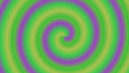 Hypnotic spiral in green, purple, and yellow hues