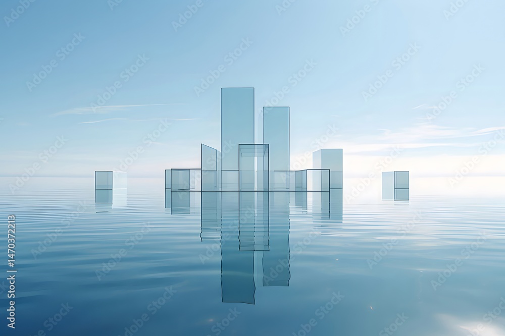 Poster 晴れた空を背景に青い水に浮かぶ透明なガラスの都市の抽象的な風景ミニマリスト構造